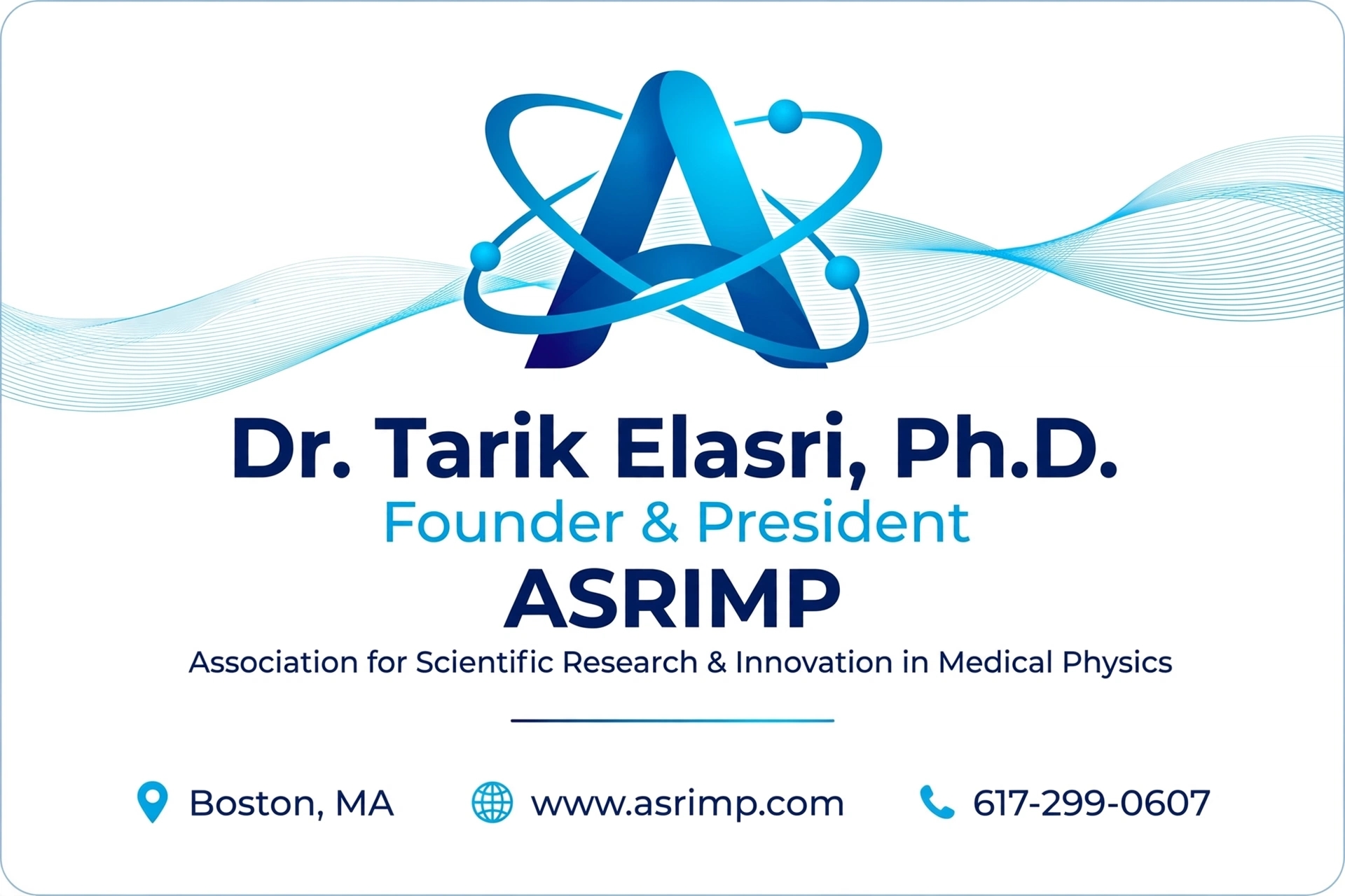 ASRIMP official contact card — Dr. Tarik Elasri, Ph.D., Founder & President, Boston MA