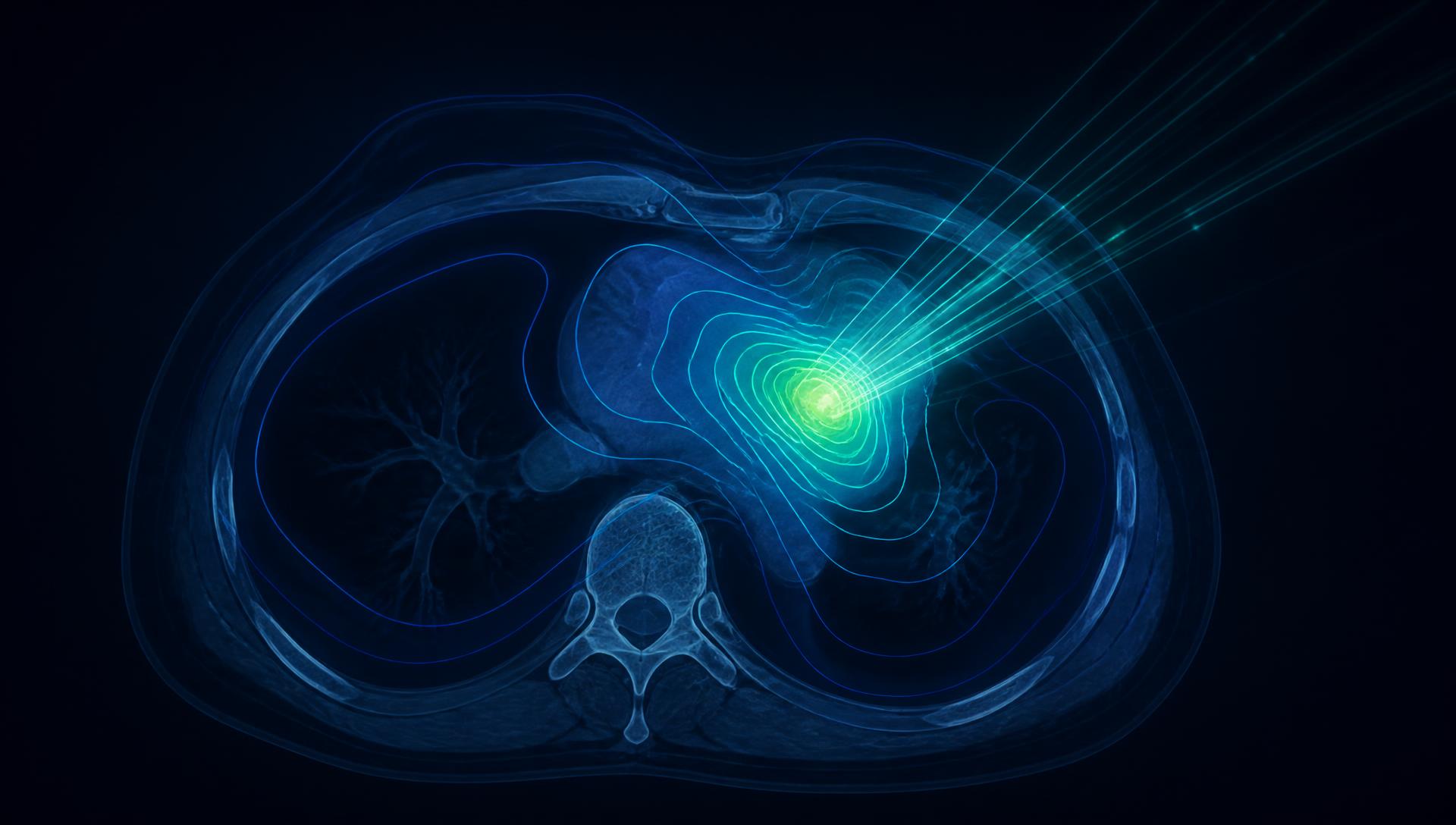 Isodose contour lines and radiation beam paths over a CT cross-section